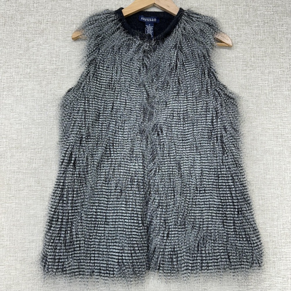By Artisan Vest Womens Medium Gray Faux Fur Striped Knit‎ Fuzzy Sleeveless Lined